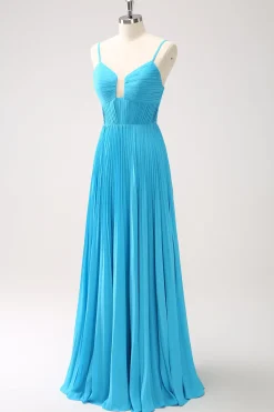Pavão Azul A-Line Esparguete Correias Vestido Madrinha