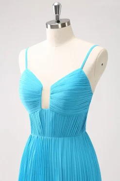 Pavão Azul A-Line Esparguete Correias Vestido Madrinha