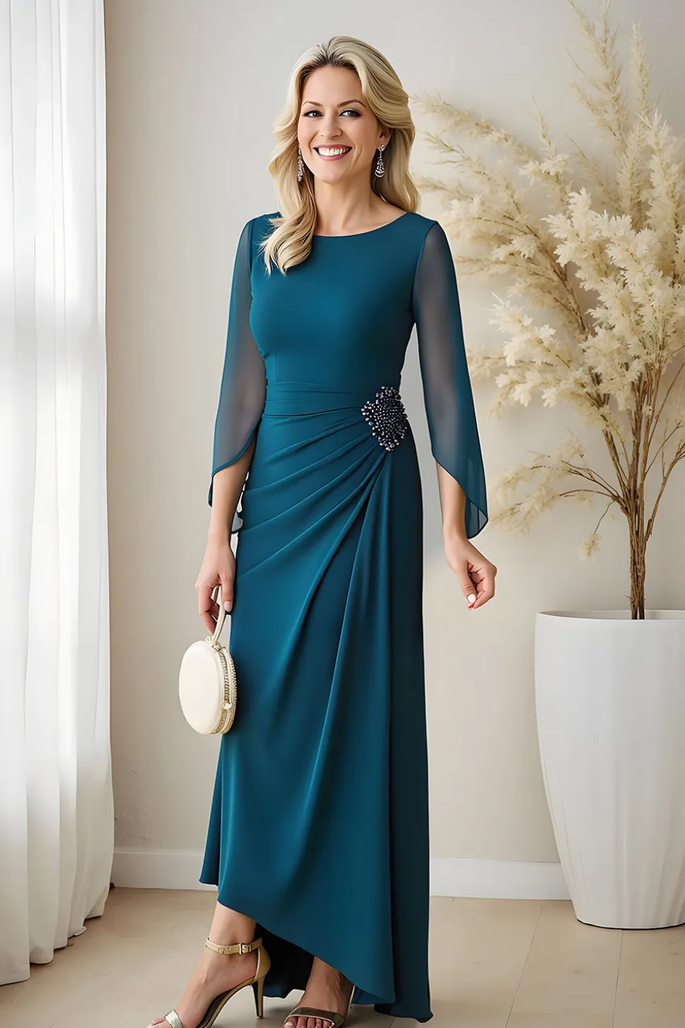 Pavão Azul Bateau Pescoço Ruched Puff Mangas Chiffon Longa Mãe do Vestido da Noiva com Missangas