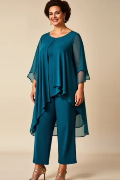Pavão Azul Chiffon Decote Redondo Tamanhos Grandes Vestido Mae Noiva