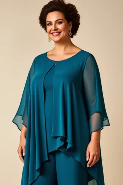 Pavão Azul Chiffon Decote Redondo Tamanhos Grandes Vestido Mae Noiva