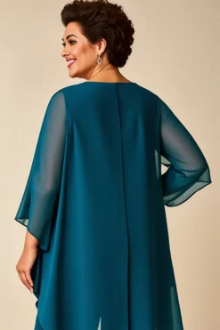 Pavão Azul Chiffon Decote Redondo Tamanhos Grandes Vestido Mae Noiva