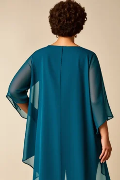 Pavão Azul Chiffon Decote Redondo Tamanhos Grandes Vestido Mae Noiva