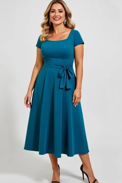 Pavão Azul Linha-A Chiffon Midi Tamanhos Grandes Vestido Mae Noiva