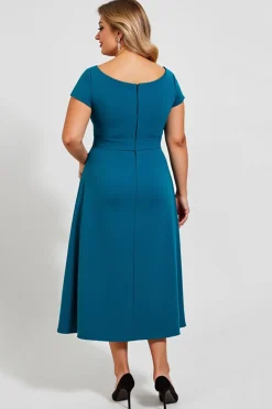 Pavão Azul Linha-A Chiffon Midi Tamanhos Grandes Vestido Mae Noiva