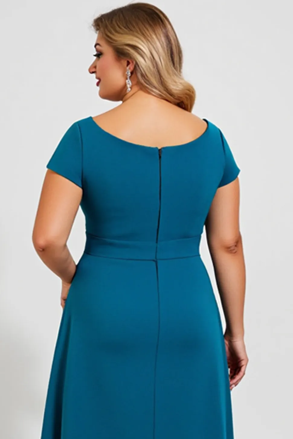 Pavão Azul Linha-A Chiffon Midi Tamanhos Grandes Vestido Mae Noiva