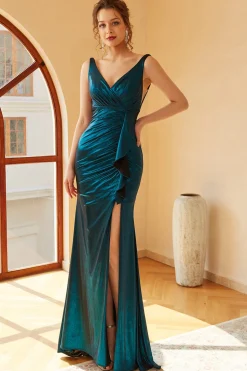 Pavão Azul Ruched Longo Vestido de baile