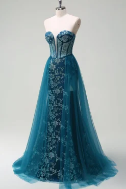 Pavão Brilhante Sereia Azul Espartilho Sem Alças Vestido Longo Baile de Formatura com Fenda