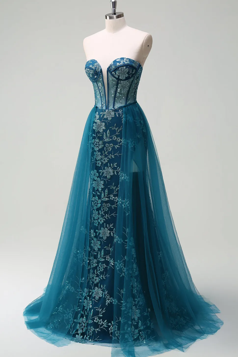 Pavão Brilhante Sereia Azul Espartilho Sem Alças Vestido Longo Baile de Formatura com Fenda