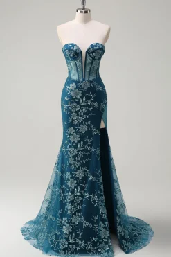 Pavão Brilhante Sereia Azul Espartilho Sem Alças Vestido Longo Baile de Formatura com Fenda