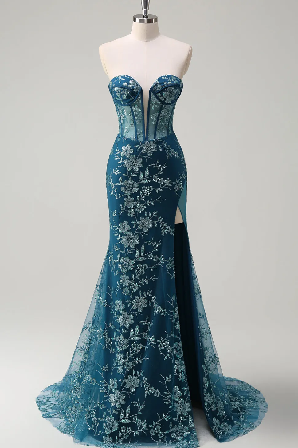Pavão Brilhante Sereia Azul Espartilho Sem Alças Vestido Longo Baile de Formatura com Fenda
