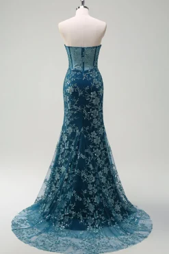 Pavão Brilhante Sereia Azul Espartilho Sem Alças Vestido Longo Baile de Formatura com Fenda