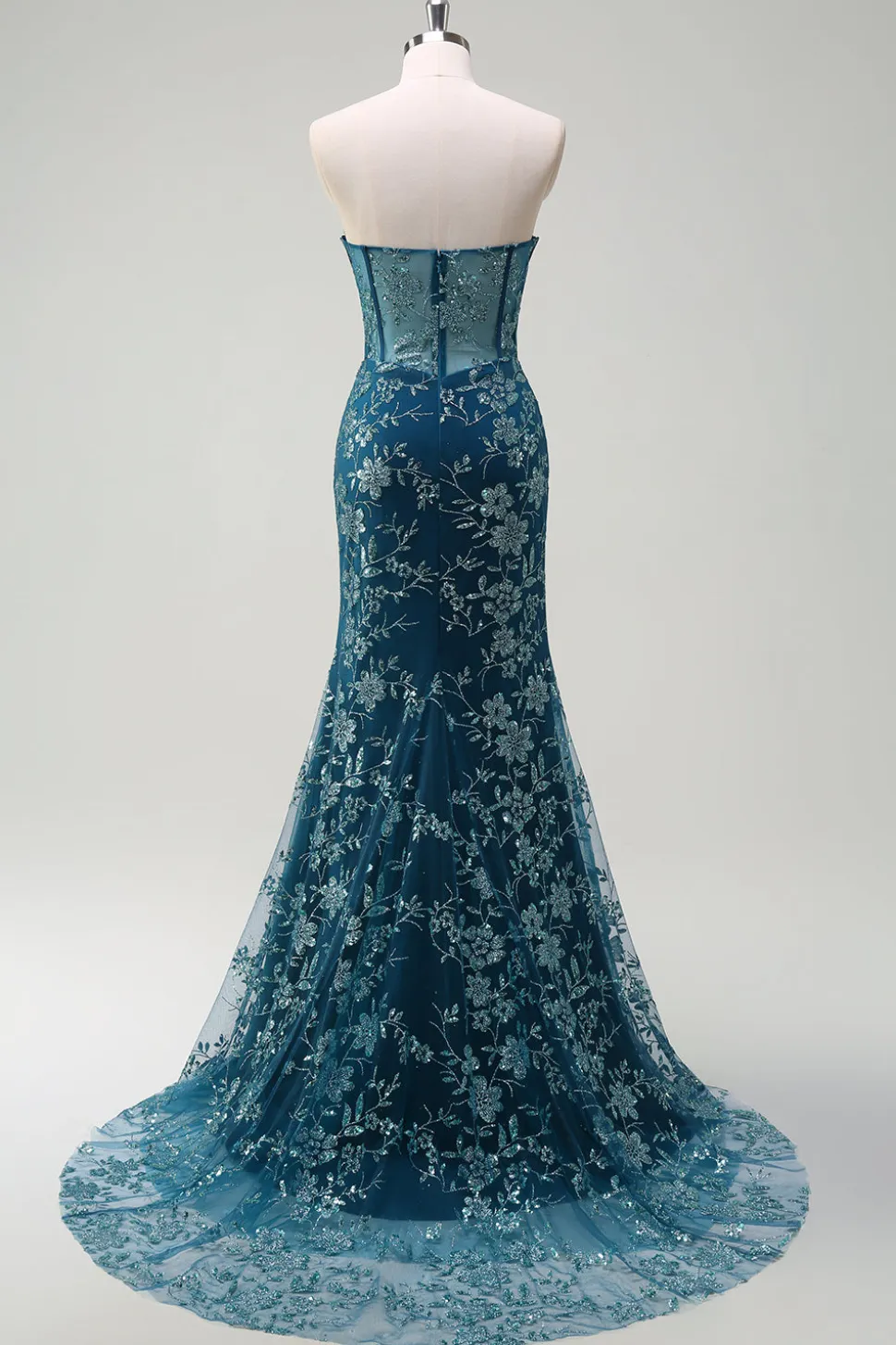 Pavão Brilhante Sereia Azul Espartilho Sem Alças Vestido Longo Baile de Formatura com Fenda