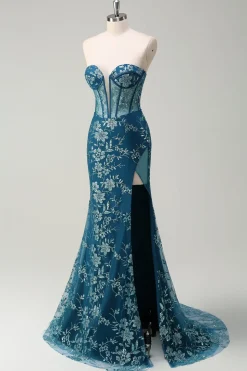 Pavão Brilhante Sereia Azul Espartilho Sem Alças Vestido Longo Baile de Formatura com Fenda