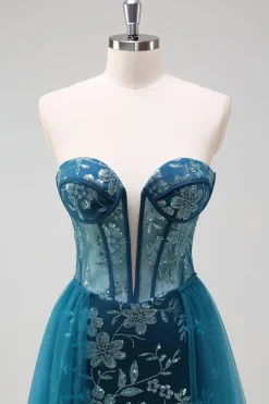 Pavão Brilhante Sereia Azul Espartilho Sem Alças Vestido Longo Baile de Formatura com Fenda