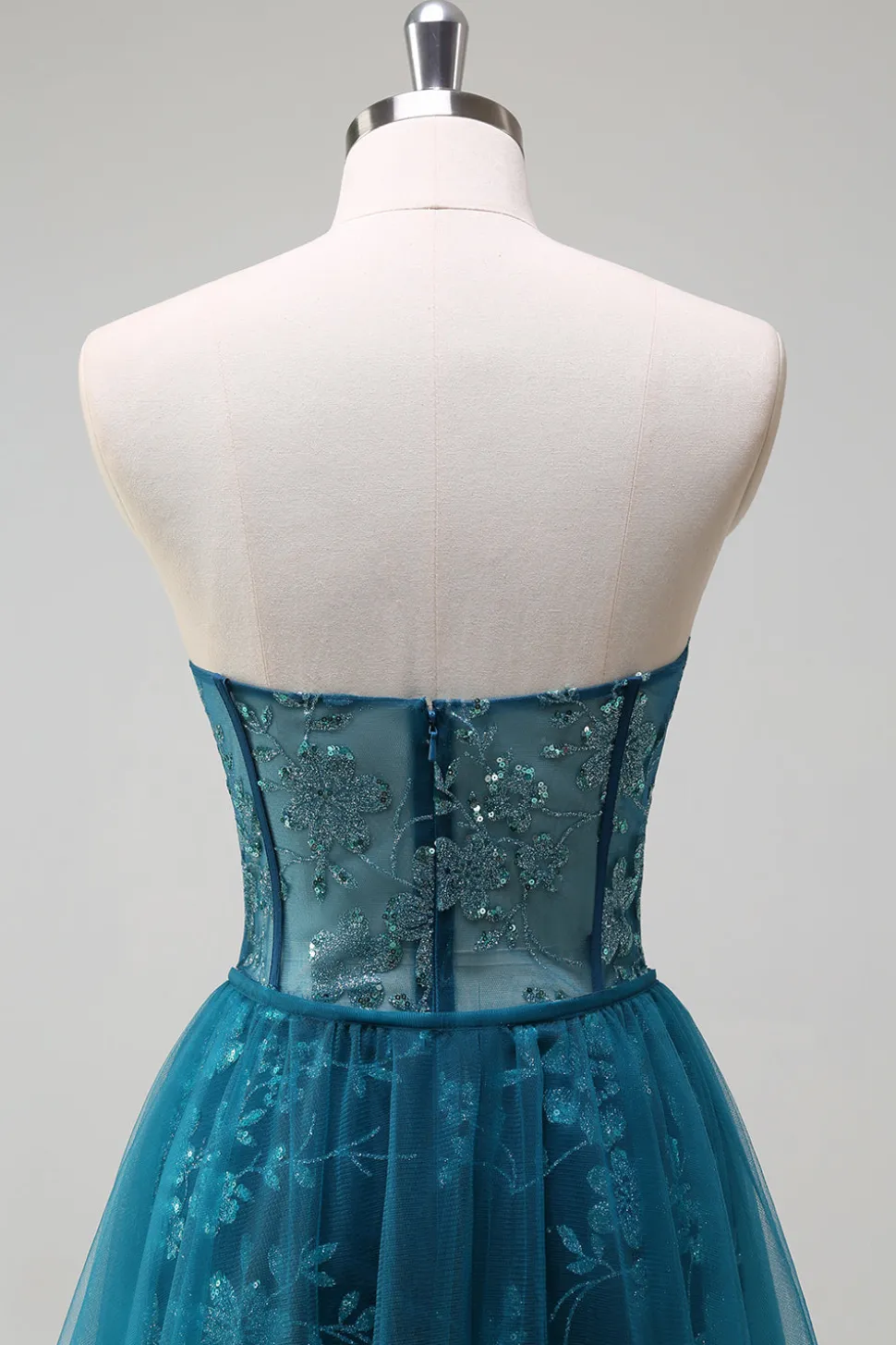 Pavão Brilhante Sereia Azul Espartilho Sem Alças Vestido Longo Baile de Formatura com Fenda