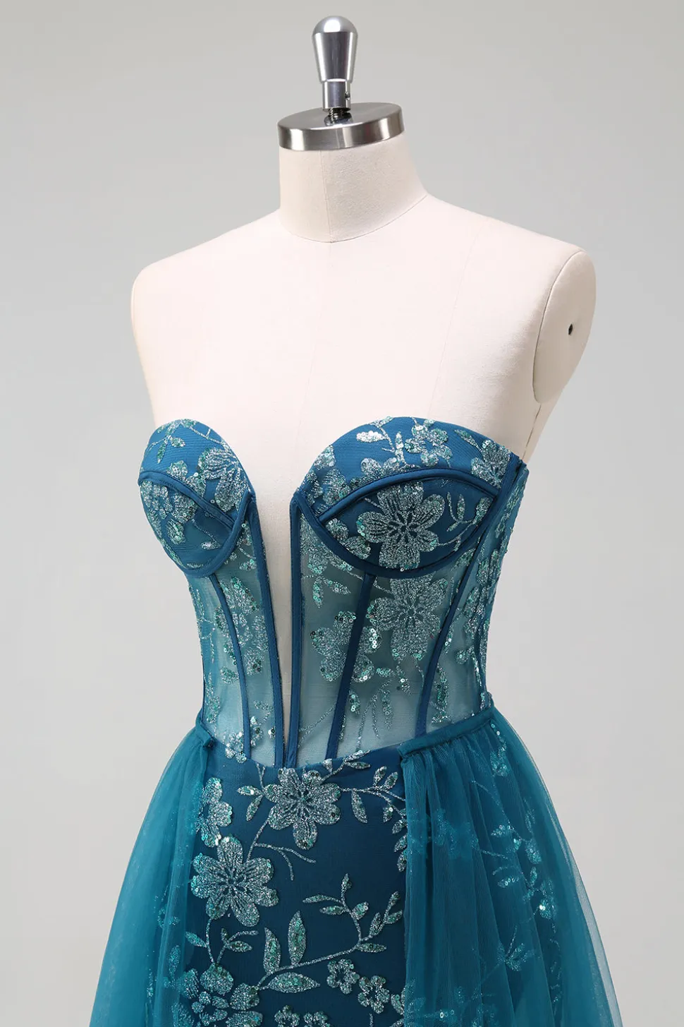 Pavão Brilhante Sereia Azul Espartilho Sem Alças Vestido Longo Baile de Formatura com Fenda