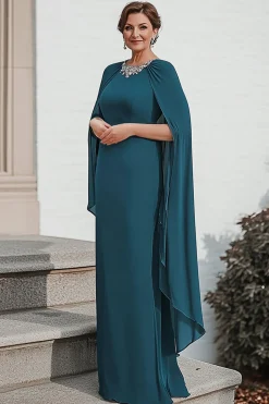 Pavão brilhante Sereia strass Chiffon Long Mãe da Noiva Vestido com Cabo