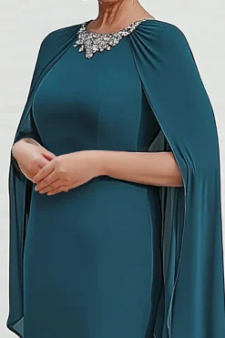 Pavão brilhante Sereia strass Chiffon Long Mãe da Noiva Vestido com Cabo