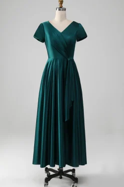 Pavão Cetim V-neck A-line Plissado Mãe do Vestido da Noiva