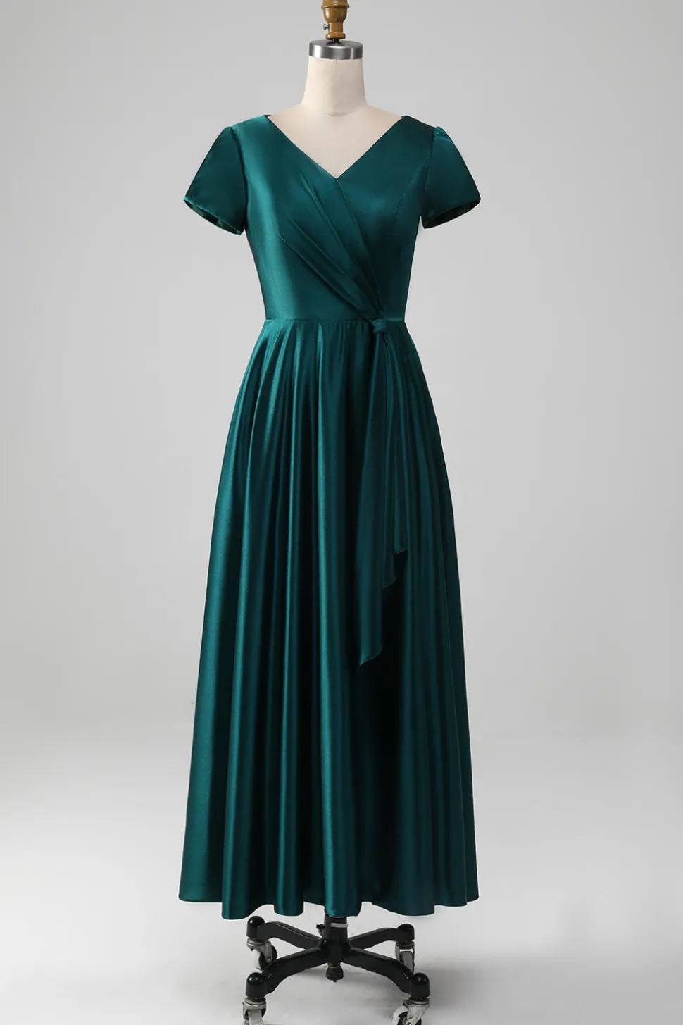 Pavão Cetim V-neck A-line Plissado Mãe do Vestido da Noiva