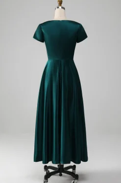 Pavão Cetim V-neck A-line Plissado Mãe do Vestido da Noiva