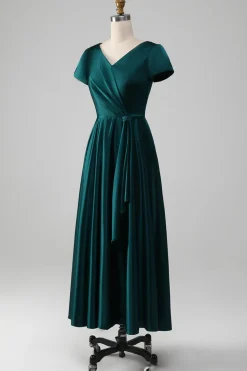 Pavão Cetim V-neck A-line Plissado Mãe do Vestido da Noiva