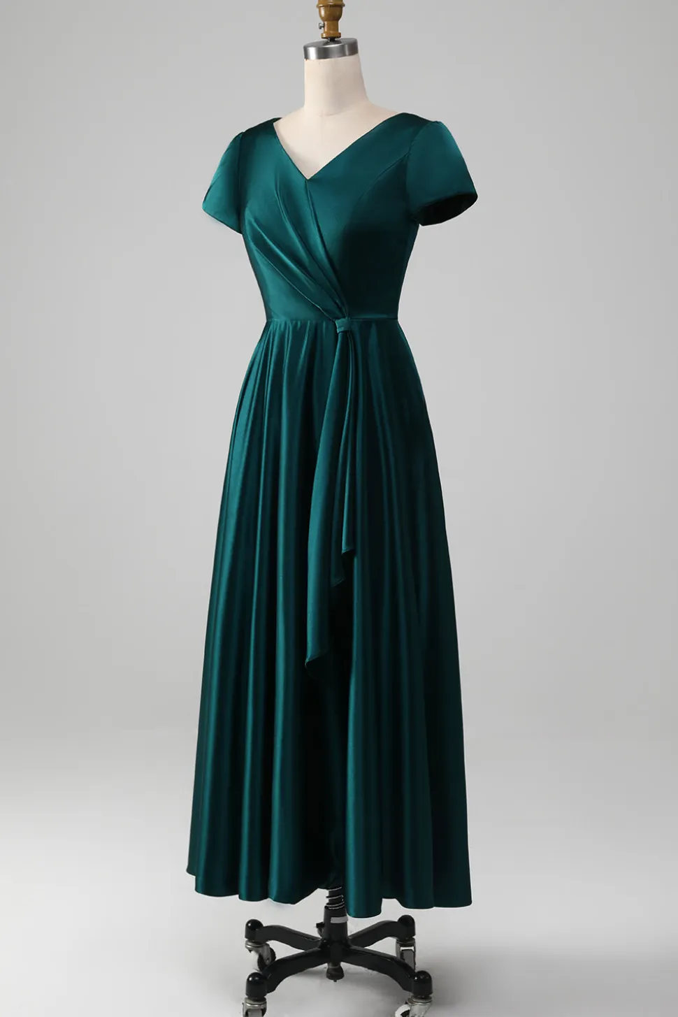 Pavão Cetim V-neck A-line Plissado Mãe do Vestido da Noiva