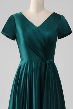 Pavão Cetim V-neck A-line Plissado Mãe do Vestido da Noiva