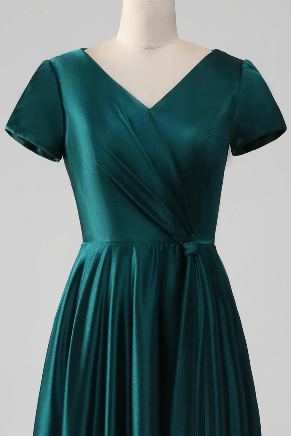 Pavão Cetim V-neck A-line Plissado Mãe do Vestido da Noiva