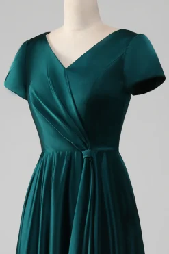 Pavão Cetim V-neck A-line Plissado Mãe do Vestido da Noiva