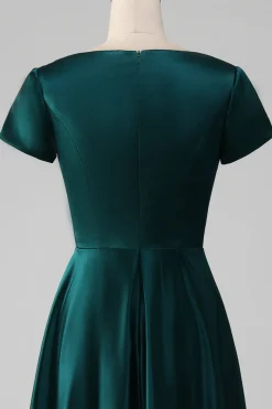 Pavão Cetim V-neck A-line Plissado Mãe do Vestido da Noiva