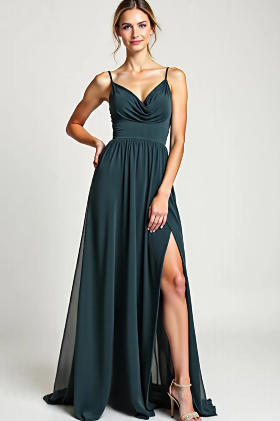 Pavão Chiffon Decote em V Linha-A Longo Vestidos Cerimónia com Fenda