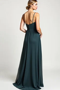 Pavão Chiffon Decote em V Linha-A Longo Vestidos Cerimónia com Fenda