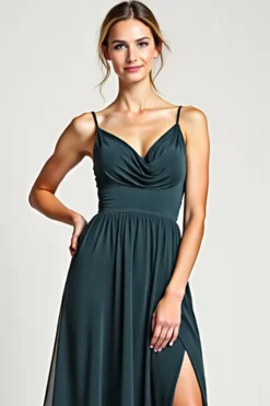 Pavão Chiffon Decote em V Linha-A Longo Vestidos Cerimónia com Fenda
