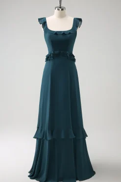Pavão Escuro Verde Scoop Neck A-Line Chiffon Vestido Madrinha