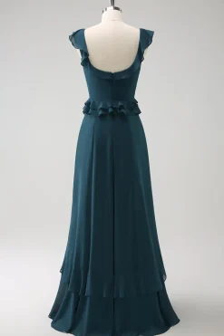Pavão Escuro Verde Scoop Neck A-Line Chiffon Vestido Madrinha