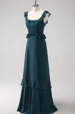 Pavão Escuro Verde Scoop Neck A-Line Chiffon Vestido Madrinha