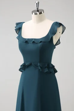 Pavão Escuro Verde Scoop Neck A-Line Chiffon Vestido Madrinha