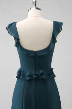 Pavão Escuro Verde Scoop Neck A-Line Chiffon Vestido Madrinha