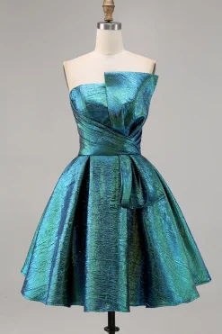 Pavão Metálico Verde Direto Linha-A Mini Vestido Cocktail