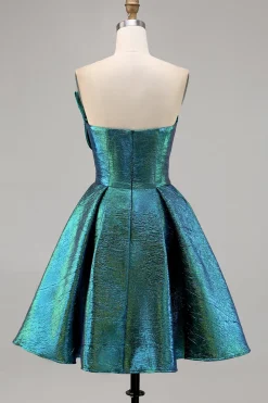 Pavão Metálico Verde Direto Linha-A Mini Vestido Cocktail
