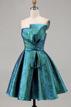 Pavão Metálico Verde Direto Linha-A Mini Vestido Cocktail