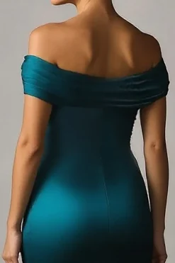 Pavão Sereia Azul Fora O Ombro Ruched Cetim Vestido Formal