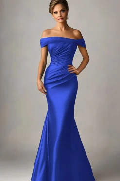 Pavão Sereia Azul Fora O Ombro Ruched Cetim Vestido Formal