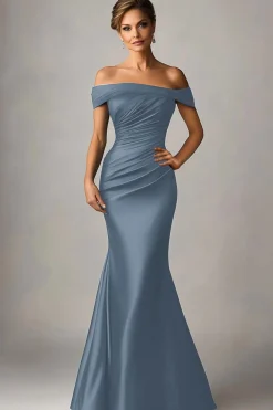 Pavão Sereia Azul Fora O Ombro Ruched Cetim Vestido Formal