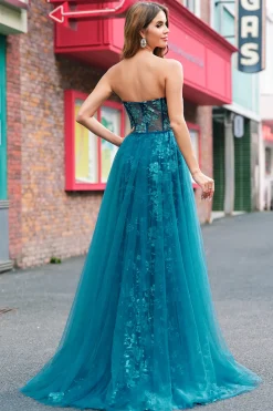 Pavão Sereia Azul Streamer Espartilho Sem Alças Vestido Longo Baile de Formatura com Fenda