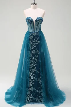 Pavão Sereia Azul Streamer Espartilho Sem Alças Vestido Longo Baile de Formatura com Fenda