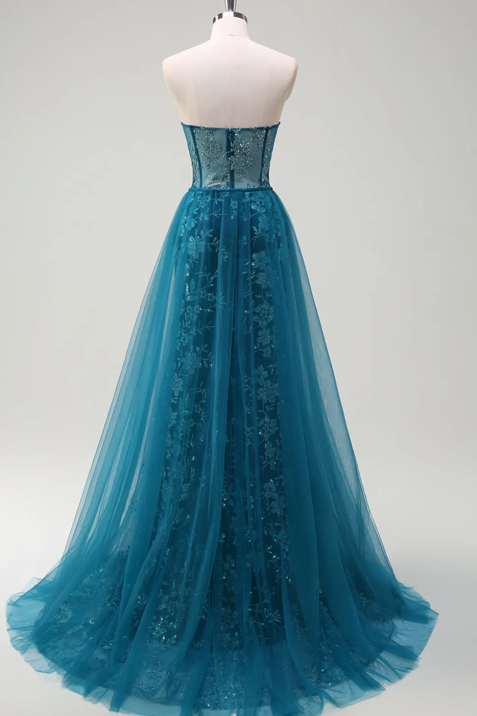 Pavão Sereia Azul Streamer Espartilho Sem Alças Vestido Longo Baile de Formatura com Fenda