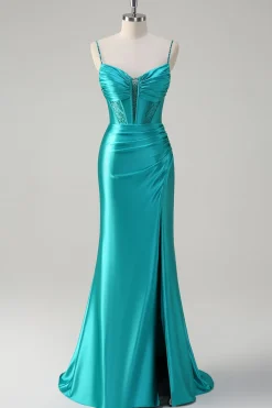 Pavão Sereia Corset Espaghetti Correias Longo Vestido de Baile com Fenda
